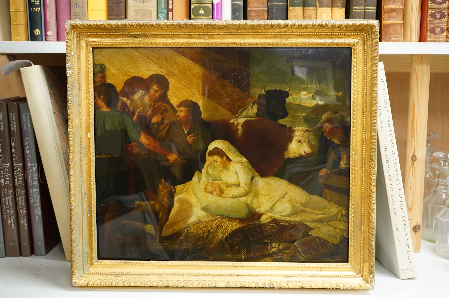 19th century, reverse glass painted print, nativity scene, gilt framed, 41 x 49cm